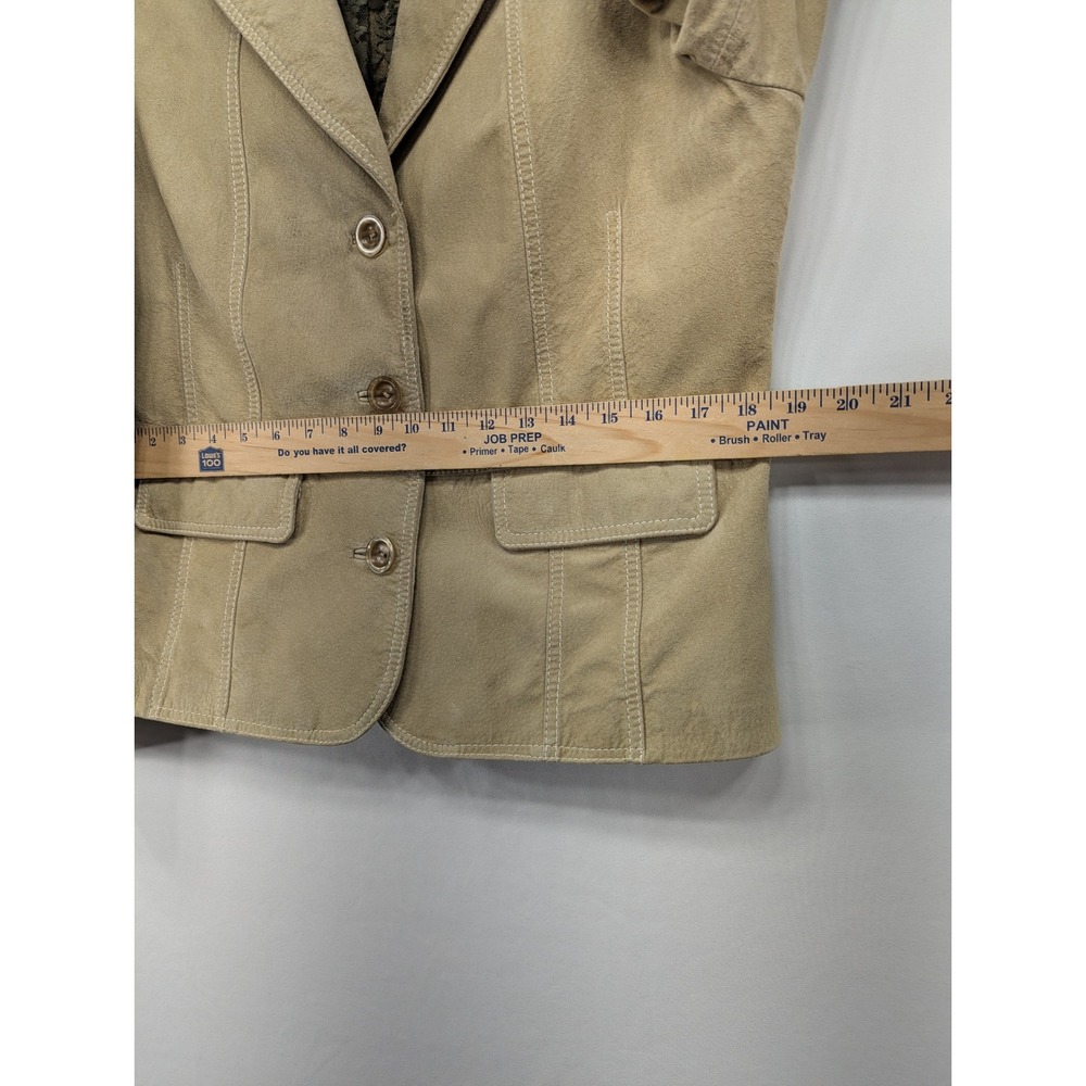 Bernardo Tan Beige Leather Blazer Jacket Lace Lining Pleated Back Womens Large - Picture 8 of 10